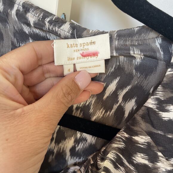 KATE SPADE White Gray Black Cheetah Print Silk Ruffled Tie Neck Button Shirt 4 - Picture 5 of 7